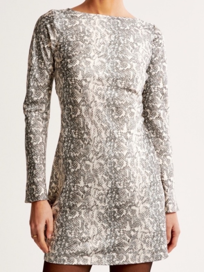 Abercrombie & Fitch Gray Snake-Print Long Sleeve Silky Mini Dress